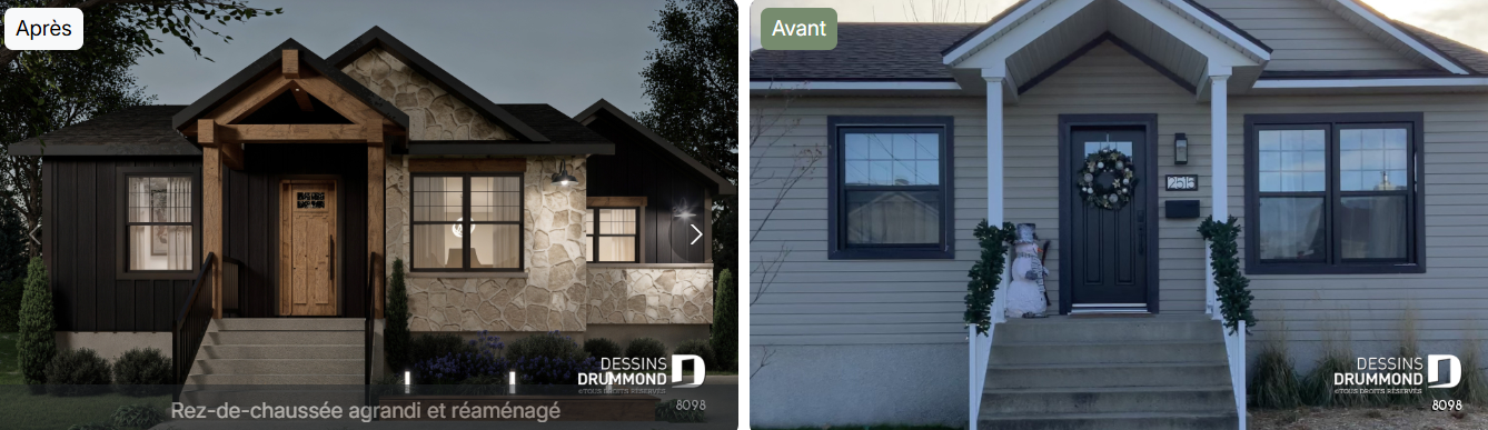 Relooking de plain-pied style nordique avant après avec modernisation de façade et ajout de matériaux naturels