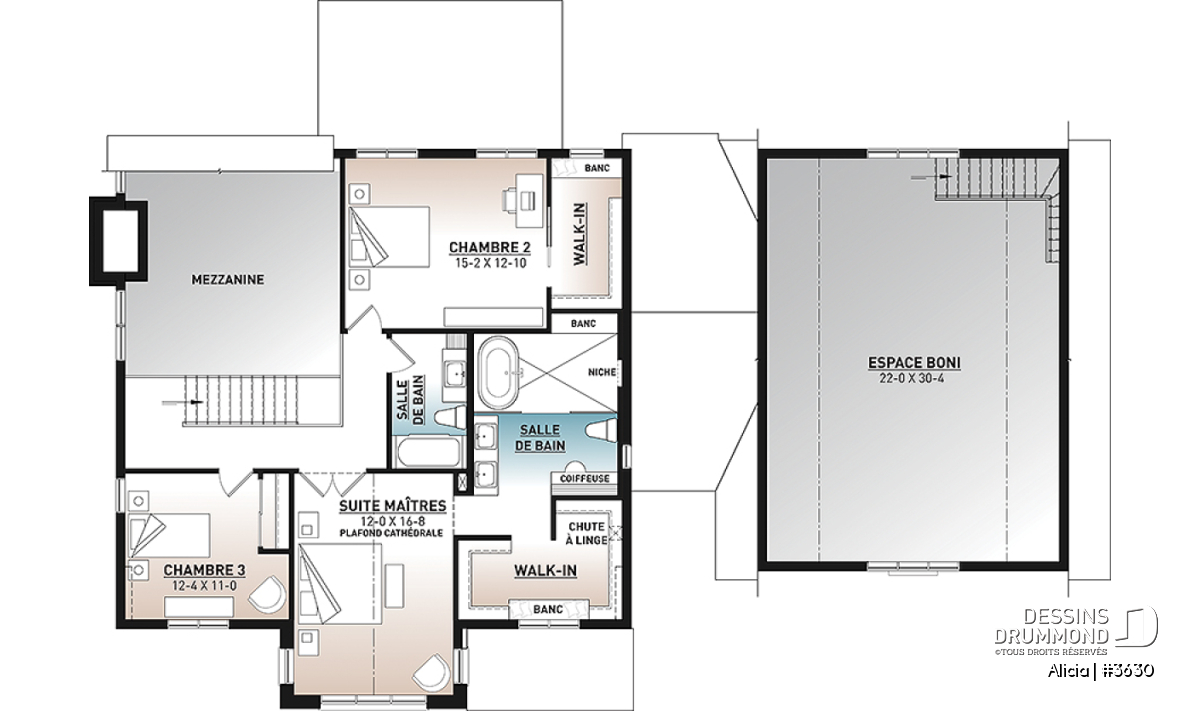 Plan d'étage du plan Alicia (#3630) avec suite principale, chambres secondaires et espaces conçus pour la vie familiale
