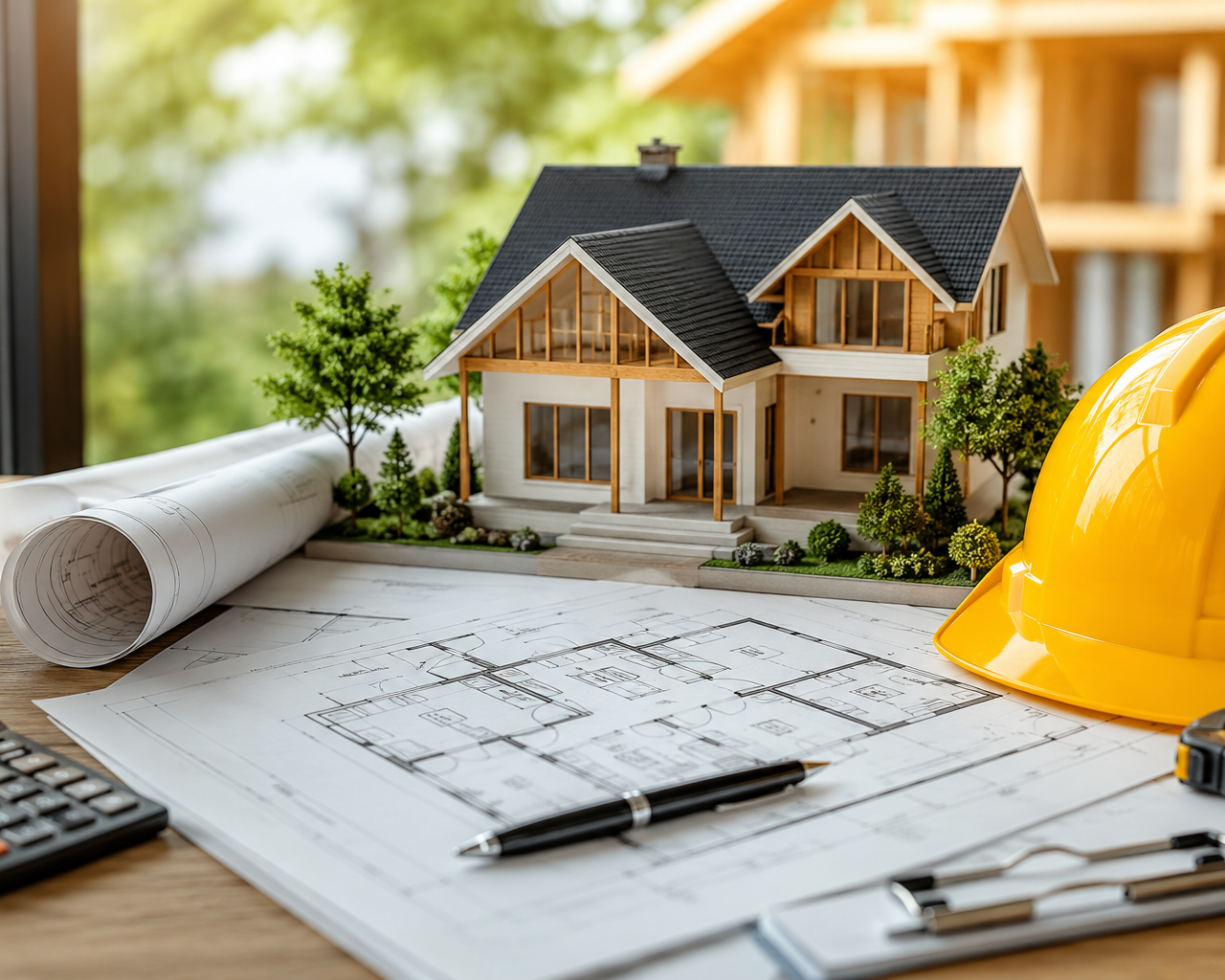 Plans de maison, casque de chantier et maquette représentant les étapes pour choisir un bon entrepreneur avant de construire ou rénover une maison.
