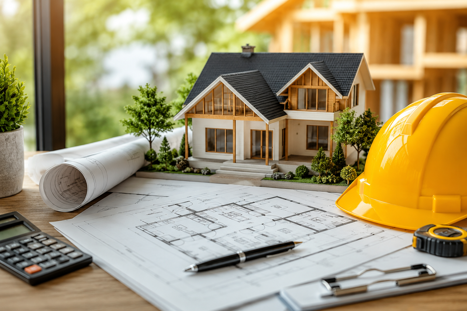 Plans de maison, casque de chantier et maquette représentant les étapes pour choisir un bon entrepreneur avant de construire ou rénover une maison.