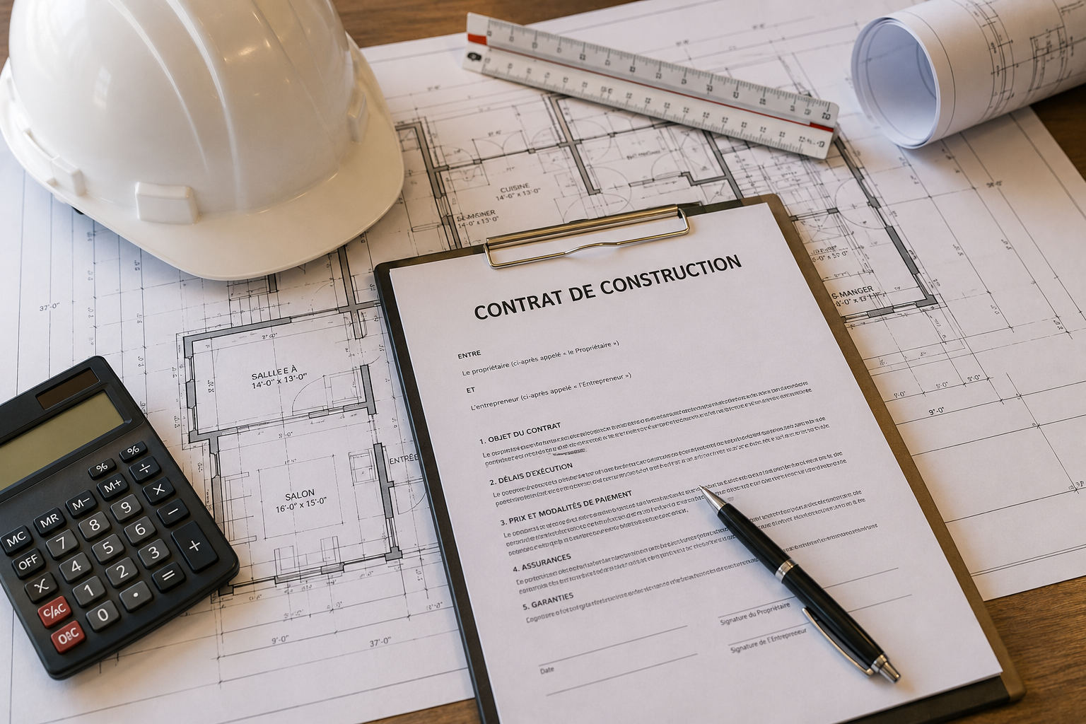 Contrat de construction posé sur des plans de maison avec un casque de chantier, une règle d'architecte, un stylo et une calculatrice.