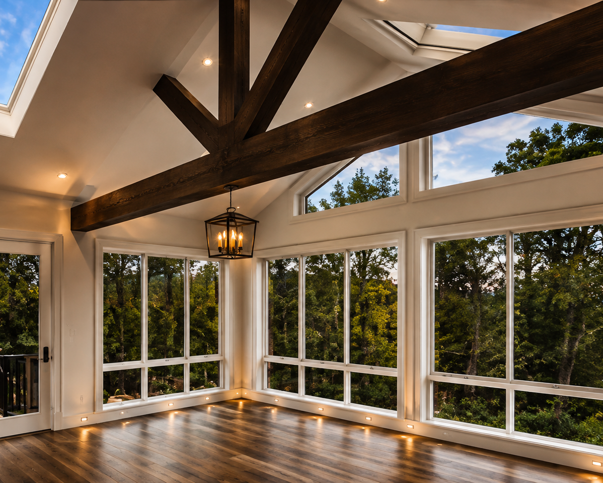 Intérieur d’un solarium 4 saisons lumineux avec grandes fenêtres, plafond cathédrale et poutres de bois