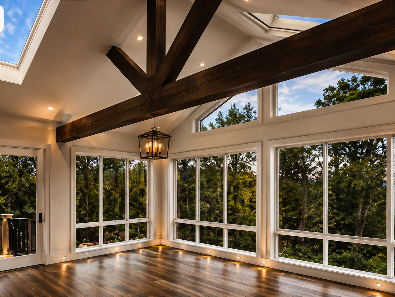 Intérieur d’un solarium 4 saisons lumineux avec grandes fenêtres, plafond cathédrale et poutres de bois