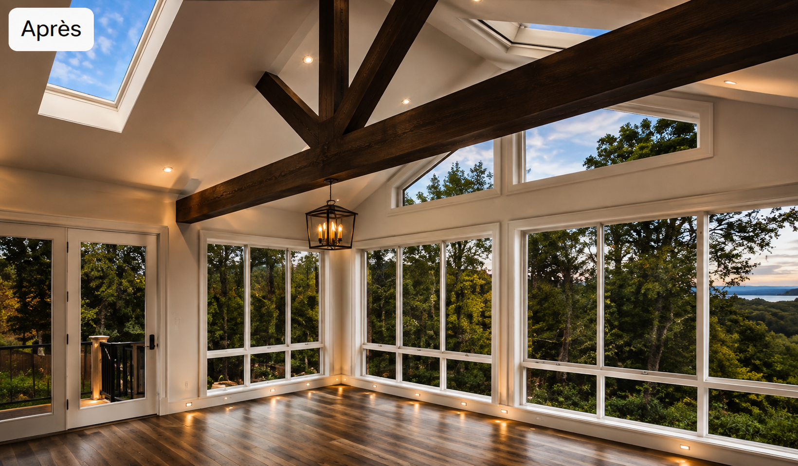 Intérieur d’un solarium 4 saisons lumineux avec grandes fenêtres, plafond cathédrale et poutres de bois