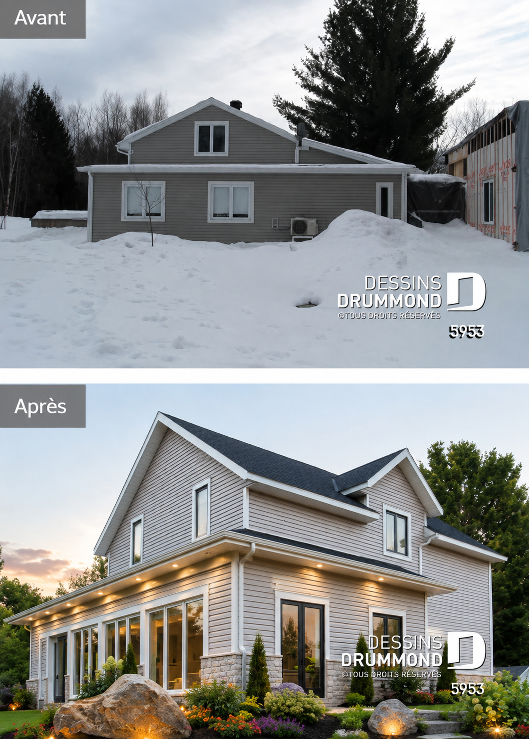 Avant et après d’une rénovation de maison avec ajout d’un solarium 4 saisons