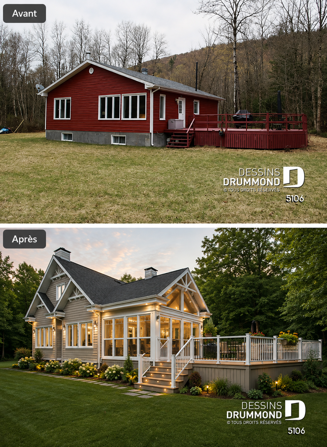 Avant et après d’une rénovation de maison avec ajout d’un solarium 4 saisons et d’une terrasse