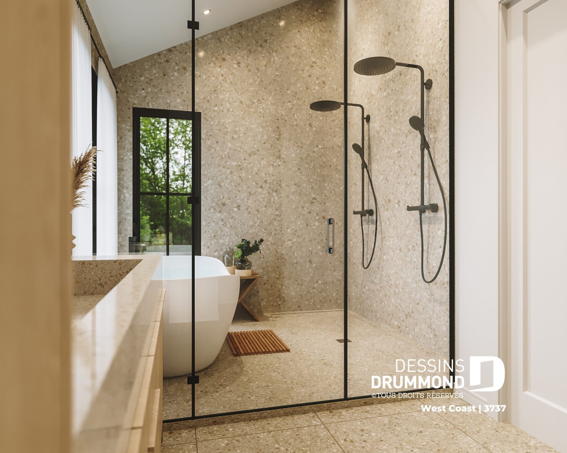 Douche italienne de plain-pied avec double pommeau dans la salle de bain moderne du plan de maison West Coast 3737