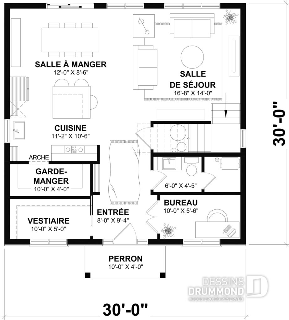 Plan du rez-de-chaussée du Pinecrest #3739 avec cuisine, salon, salle à manger, bureau, vestiaire et garde-manger