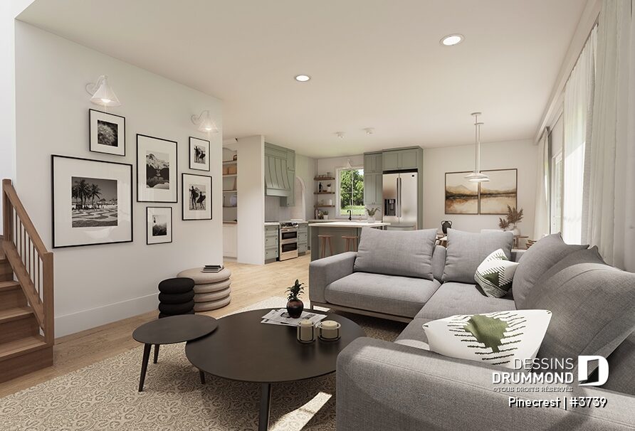 Salon et cuisine à aire ouverte du plan de maison à 2 étages Pinecrest #3739