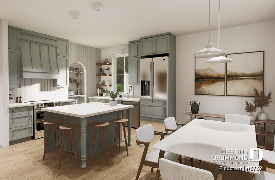 Cuisine avec îlot ouverte sur la salle à manger du plan Pinecrest #3739