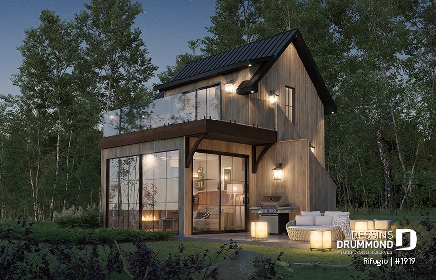 Plan de petit chalet rustique Rifugio en Estrie avec grande terrasse vitrée, balcon panoramique et architecture inspirée des refuges nordiques
