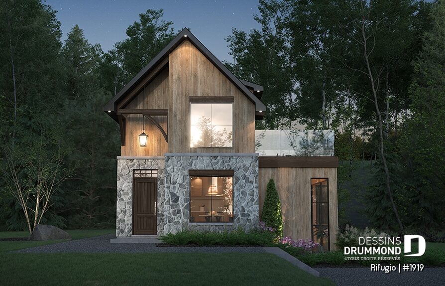 Façade avant du petit chalet rustique Rifugio avec revêtement de pierre et de bois, grande fenestration et architecture inspirée des refuges nordiques