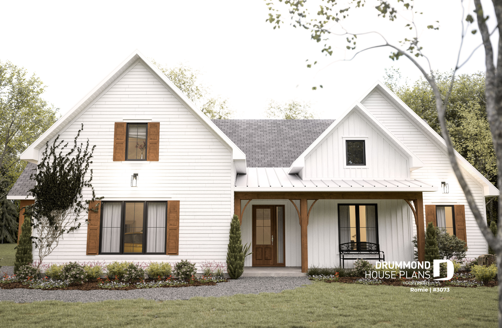 Maison bi-génération de style champêtre avec galerie couverte et façade symétrique – modèle Romie (#3073)