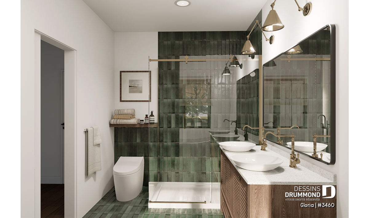 Salle de bain des parents du plan Gloria (#3460) avec douche séparée, bain autoportant, double lavabo et ambiance détente dans une maison farmhouse à étage avec garage.