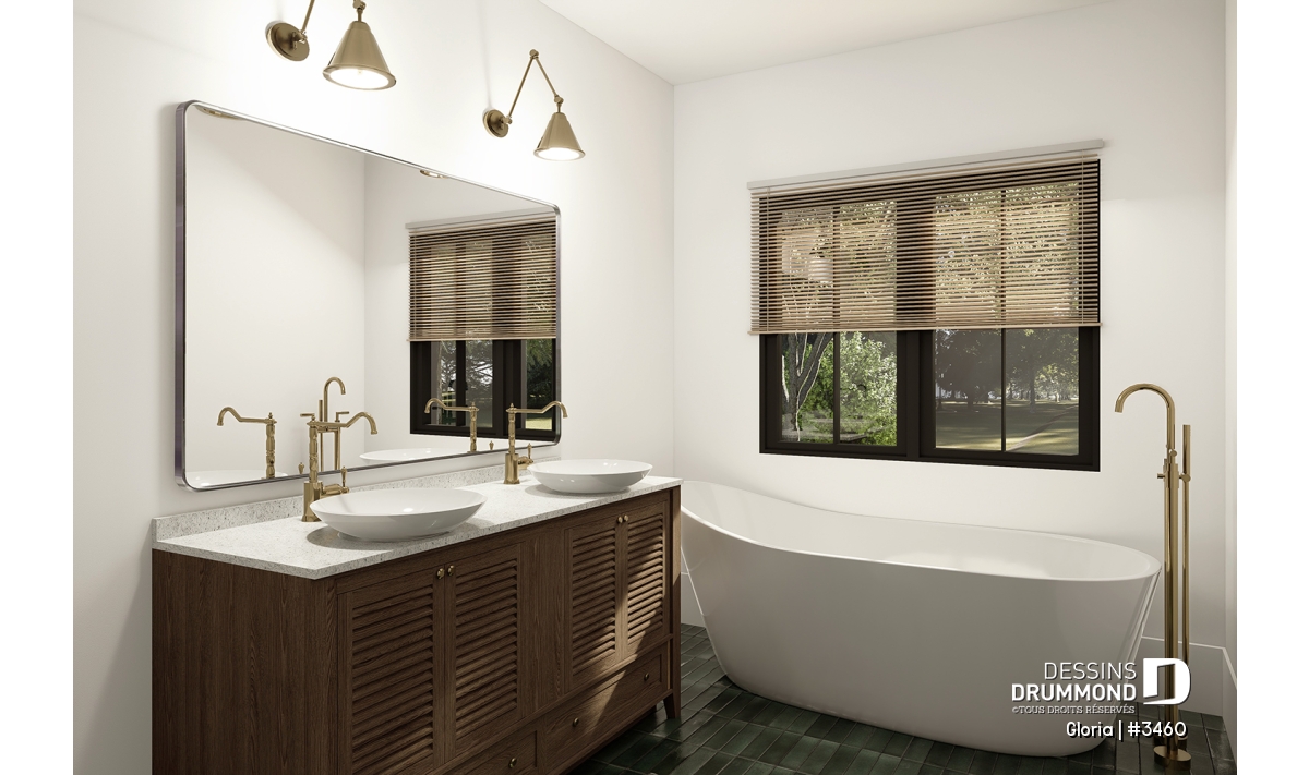 Salle de bain privée du plan Gloria (#3460) avec bain autoportant, double lavabo, grande fenestration et ambiance spa dans une maison farmhouse à étage avec garage.