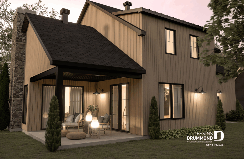 Plan maison 3736 vue arrière terrasse abritée