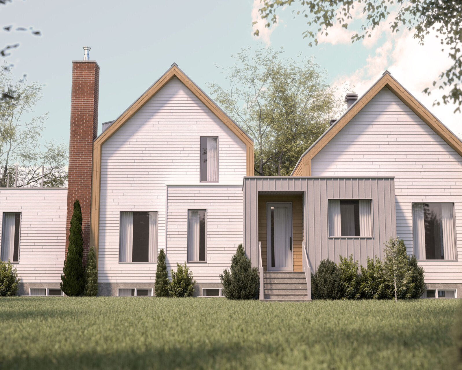 maison rénovée avec agrandissement moderne et façade contemporaine après travaux de rénovation résidentielle