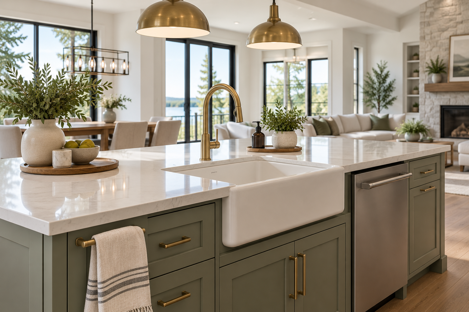 Îlot de cuisine avec évier farmhouse intégré et lave-vaisselle