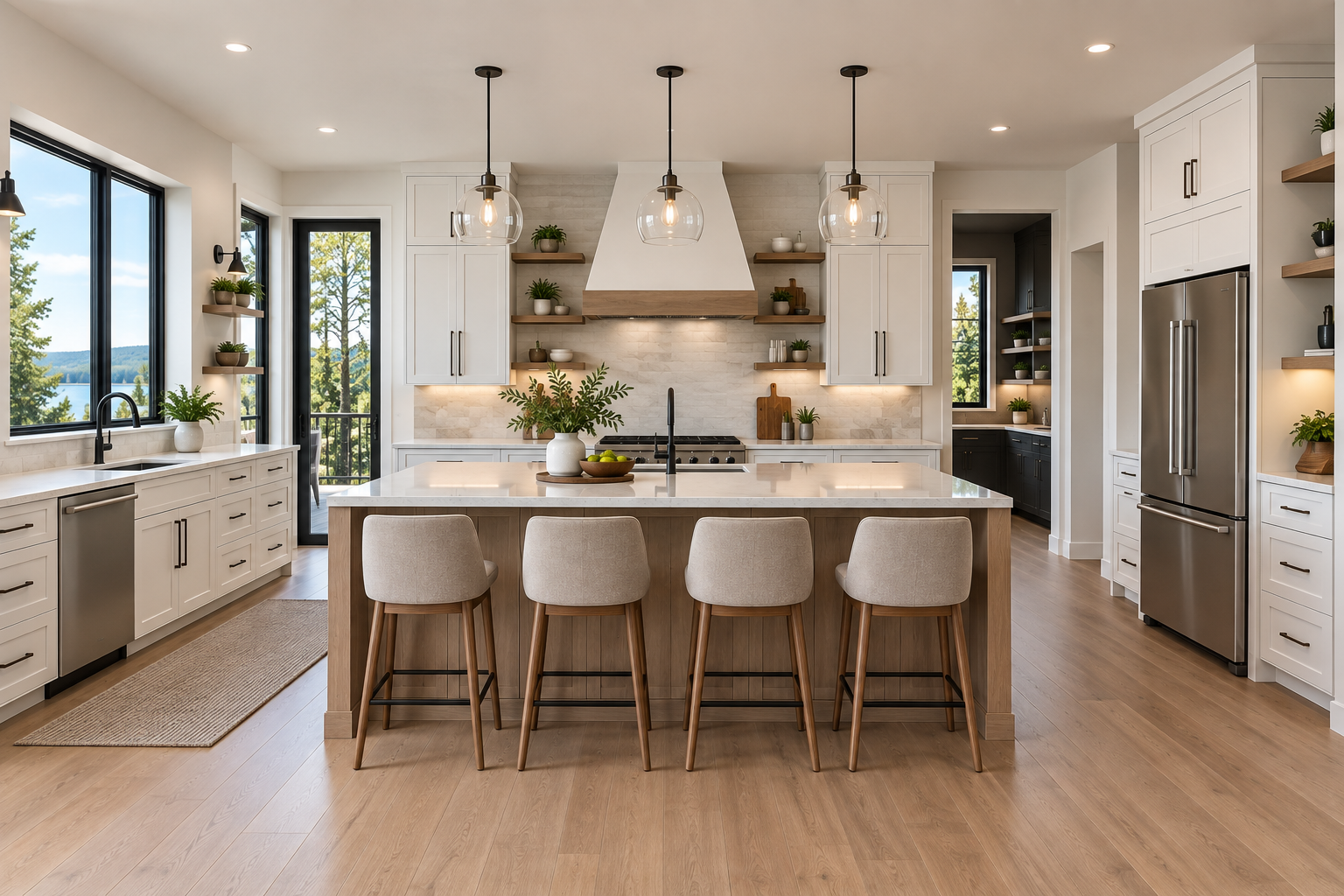 Îlot de cuisine avec quatre places assises et luminaires suspendus