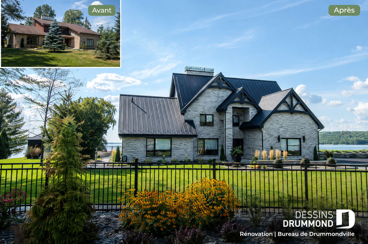 Rénovation avant-après d’une maison avec agrandissement et modernisation extérieure, réalisée par Dessins Drummond à Drummondville.