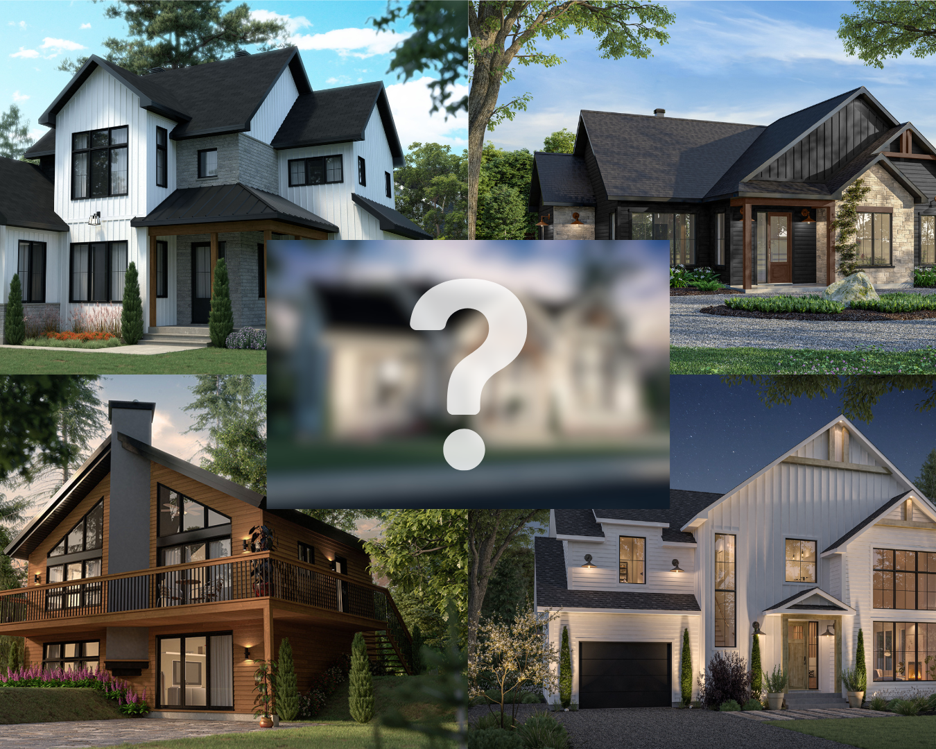Montage présentant les 10 plans de maison les plus populaires en 2026, incluant des modèles farmhouse, contemporains, scandinaves et des chalets signés Dessins Drummond.
