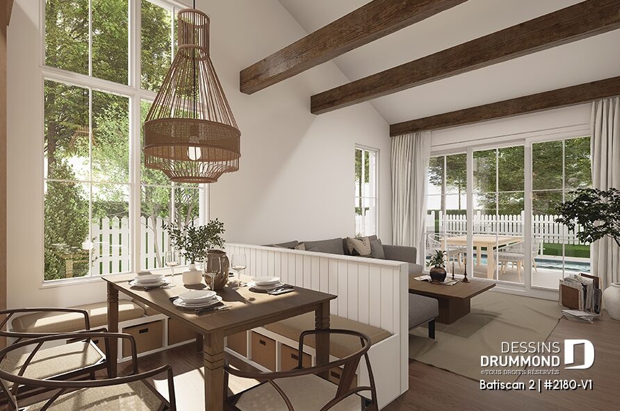 Intérieur de mini-maison farmhouse Batiscan 2 (#2188-V1) avec plafond cathédrale, aire ouverte et grandes fenêtres
