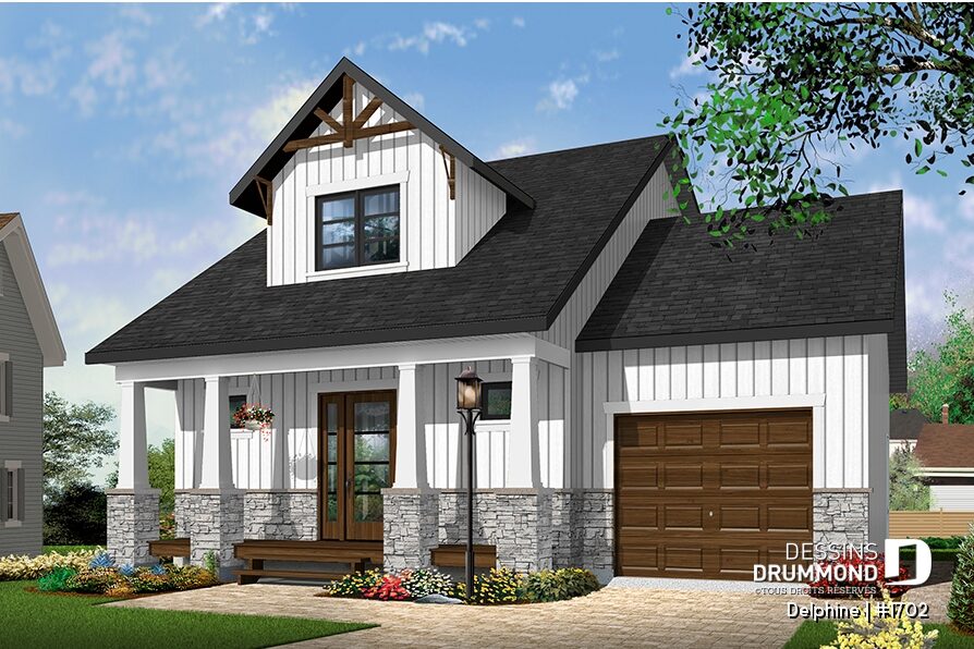 Petite maison farmhouse Delphine (#1702) avec garage intégré, galerie couverte et architecture chaleureuse