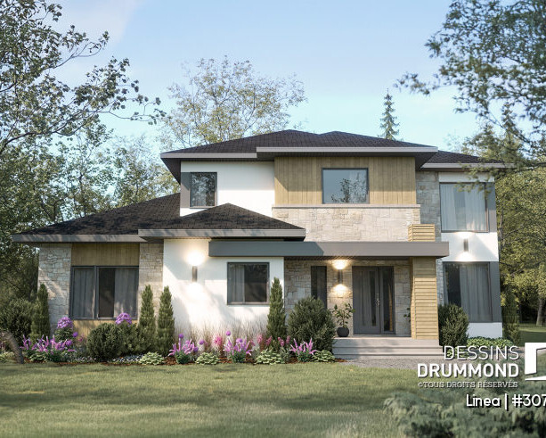 Plan de maison bi-génération contemporaine LINÉA (#3075), façade principale conçue pour deux familles.
