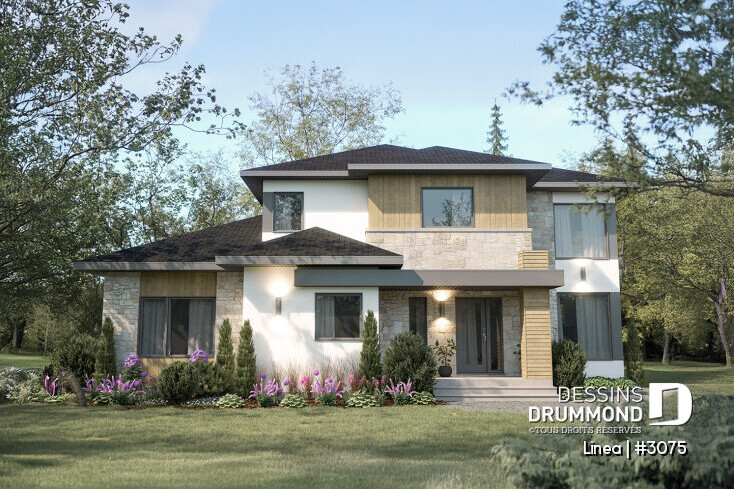 Plan de maison bi-génération contemporaine LINÉA (#3075), façade principale conçue pour deux familles.
