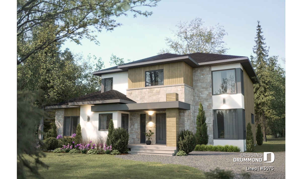Façade avant du plan de maison bi-génération contemporaine LINÉA (#3075) avec deux logements indépendants.