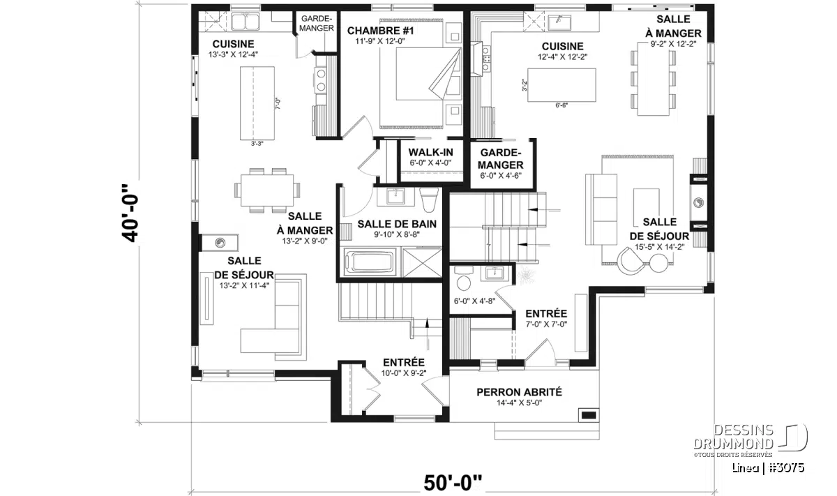Plan du rez-de-chaussée du modèle LINÉA montrant les deux logements d'une maison bi-génération contemporaine.