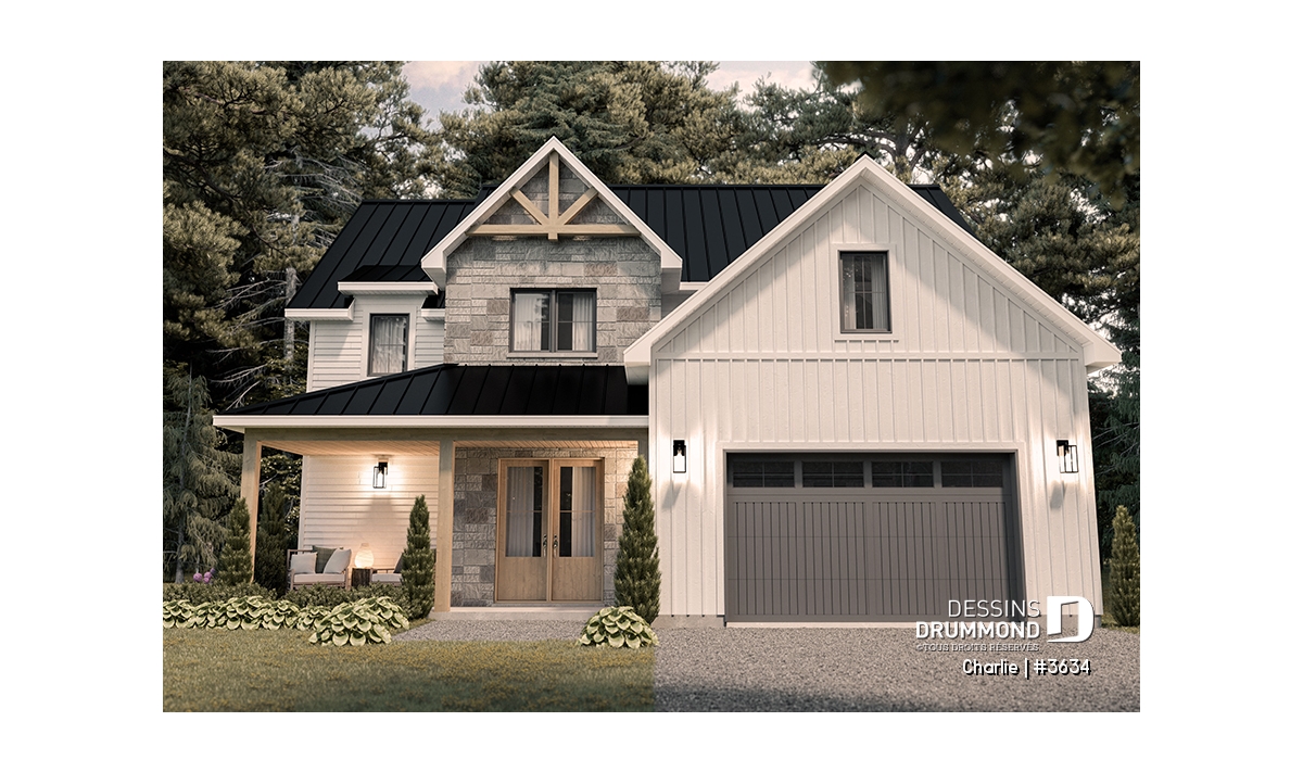 Plan de maison farmhouse Charlie 3634 à 2 étages avec garage double 3 chambres façade lumineuse et entrée couverte