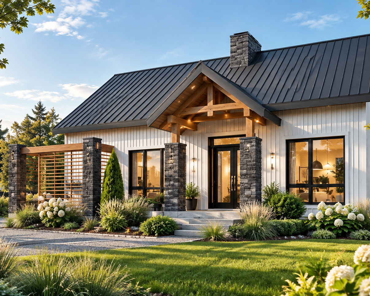 Maison farmhouse scandinave Olympe #3992 avec toiture foncée, pierre et accents de bois