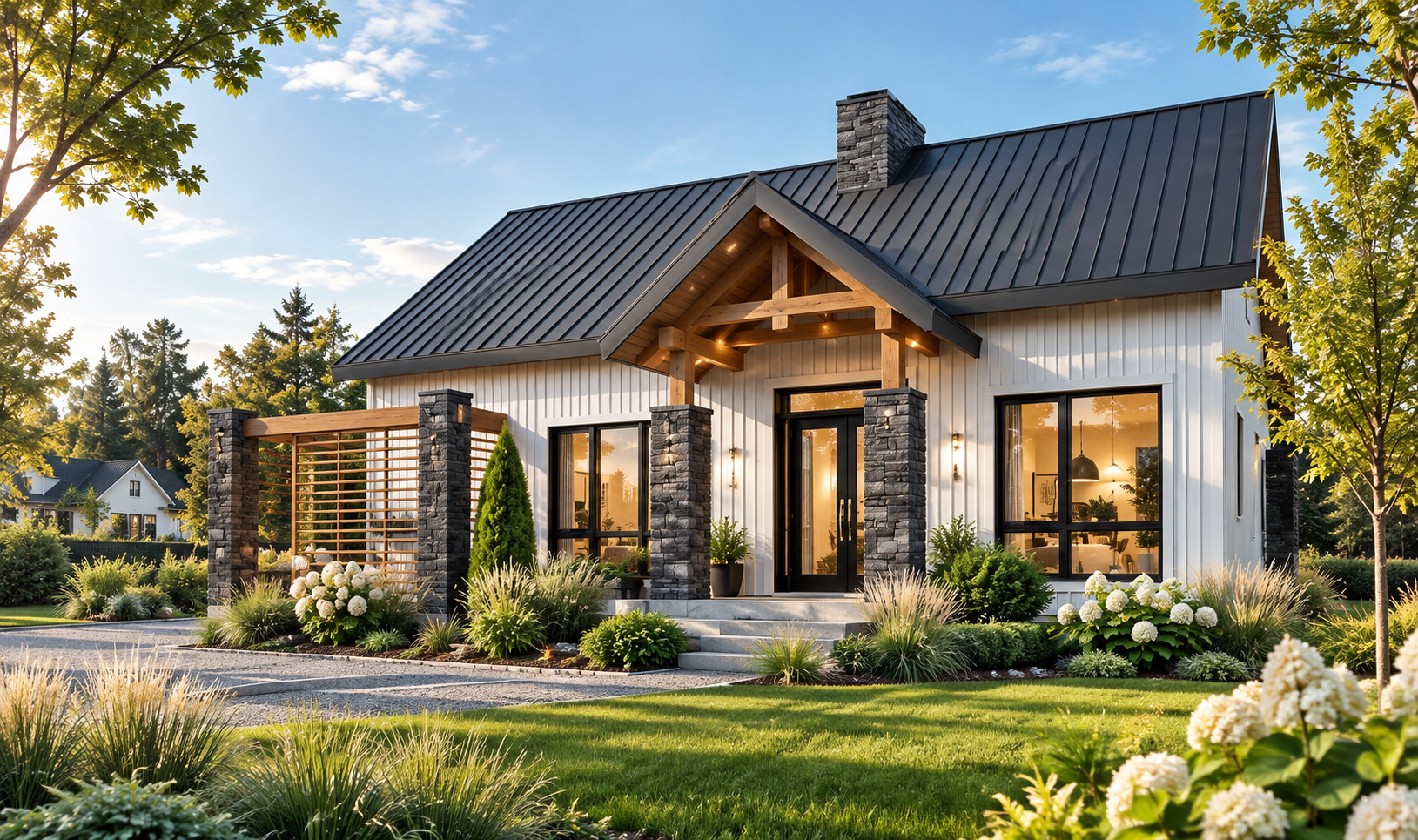 Maison farmhouse scandinave Olympe #3992 avec toiture foncée, pierre et accents de bois