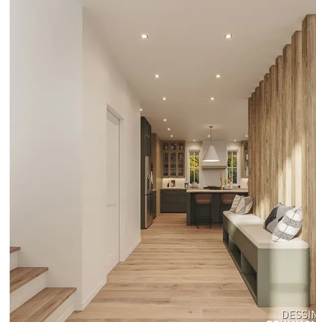 Entrée moderne du plan de maison STROM 2 avec banquette intégrée, garde-robe walk-in et design lumineux
