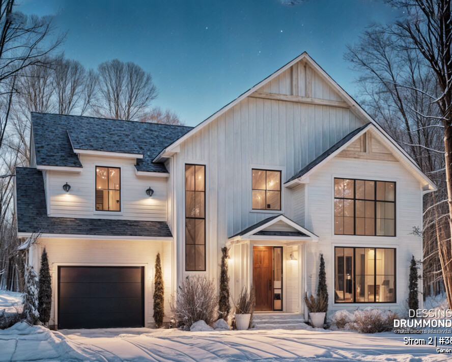 Plan de maison STROM 2 farmhouse moderne avec garage, grande fenestration et architecture scandinave contemporaine
