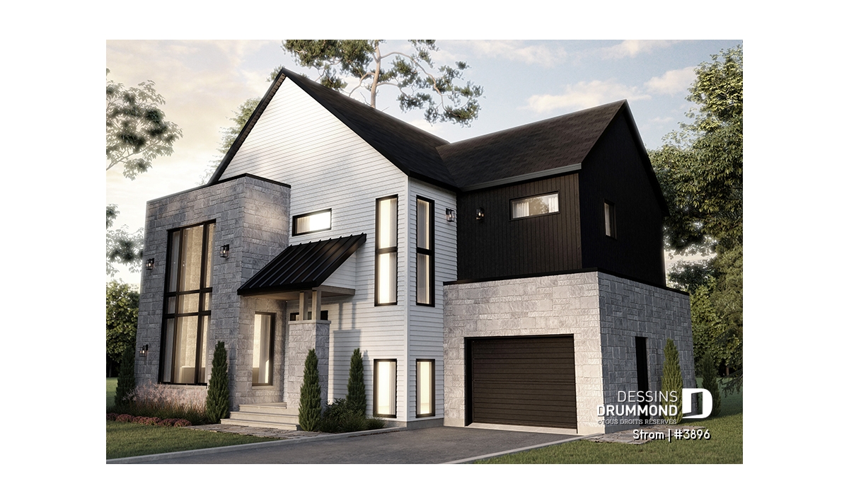 Façade avant du plan de maison STROM original avec architecture scandinave moderne, lignes épurées et grande luminosité