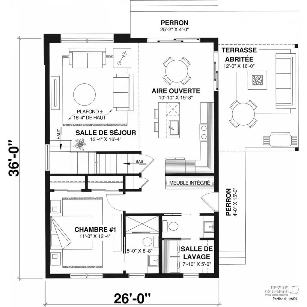 plan de maison scandinave avec chambre des maîtres au rez-de-chaussée, Plan Portland de Dessins Drummond