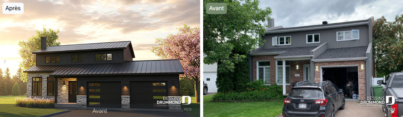 Avant-après d’une rénovation de maison avec transformation complète de la façade et modernisation du garage.
