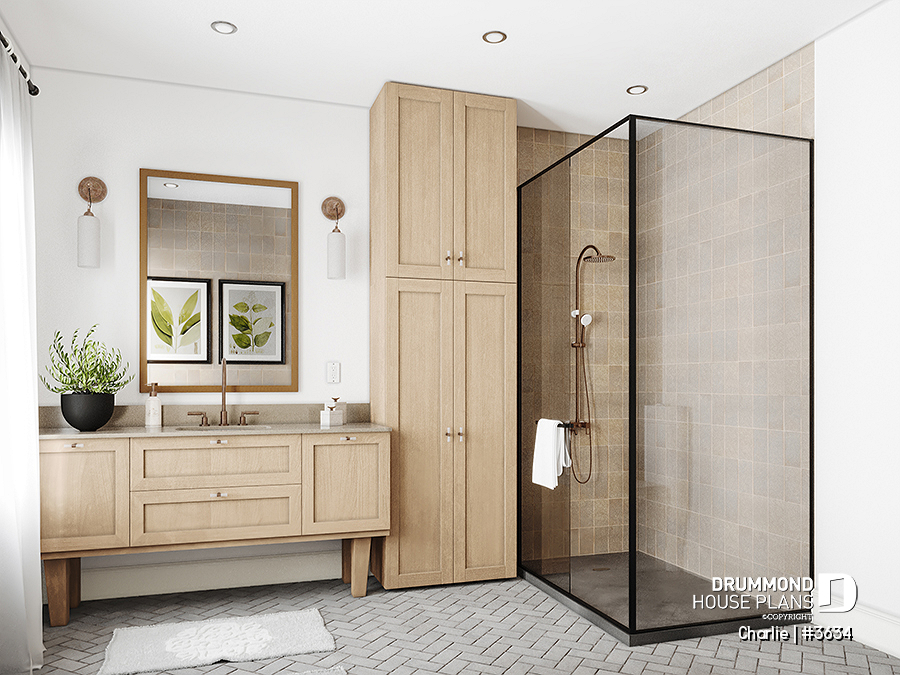 salle de bain en bois avec grande douche en coin, plan de maison charlie, dessins drummond