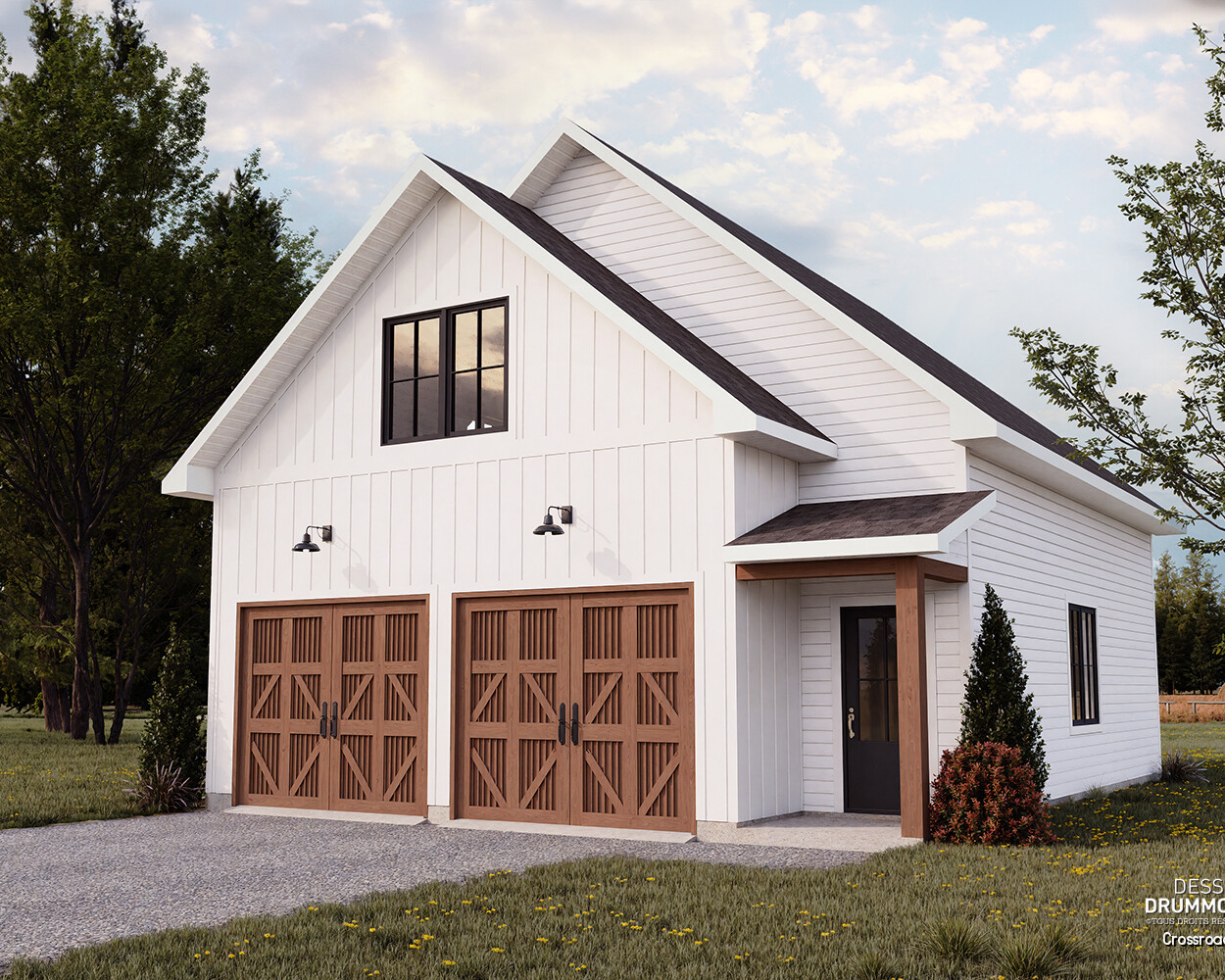 Façade du plan de garage double à étage CROSSROADS (#6978), garage farmhouse moderne avec deux portes, étage de rangement et balcon couvert.