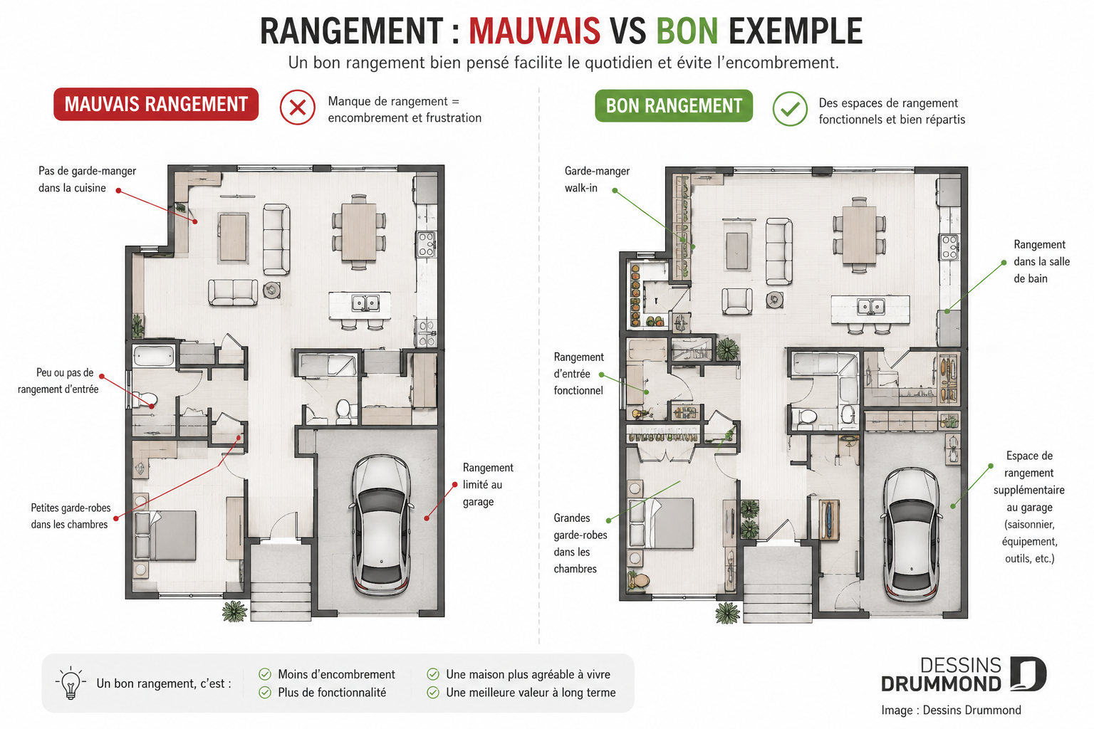 Comparaison entre un mauvais rangement et un bon rangement dans un plan de maison avec garde-manger, vestibule et garage organisés – Dessins Drummond