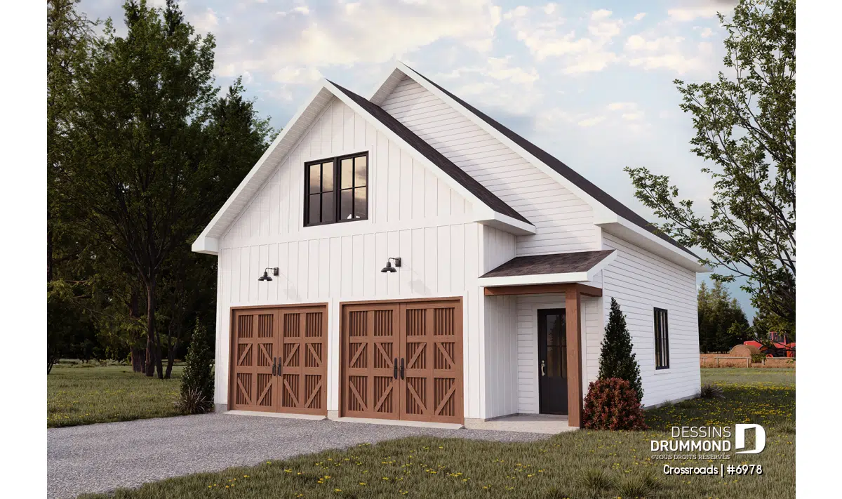 Vue extérieure du plan de garage double à étage CROSSROADS (#6978), garage farmhouse moderne avec salle d’eau au rez-de-chaussée, rangement à l’étage et deux portes.