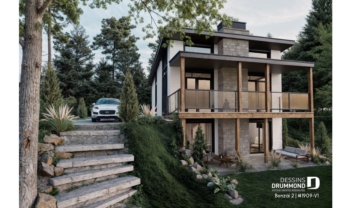 Plan de maison avec rez-de-jardin adapté à un terrain en pente pour maximiser la lumière naturelle