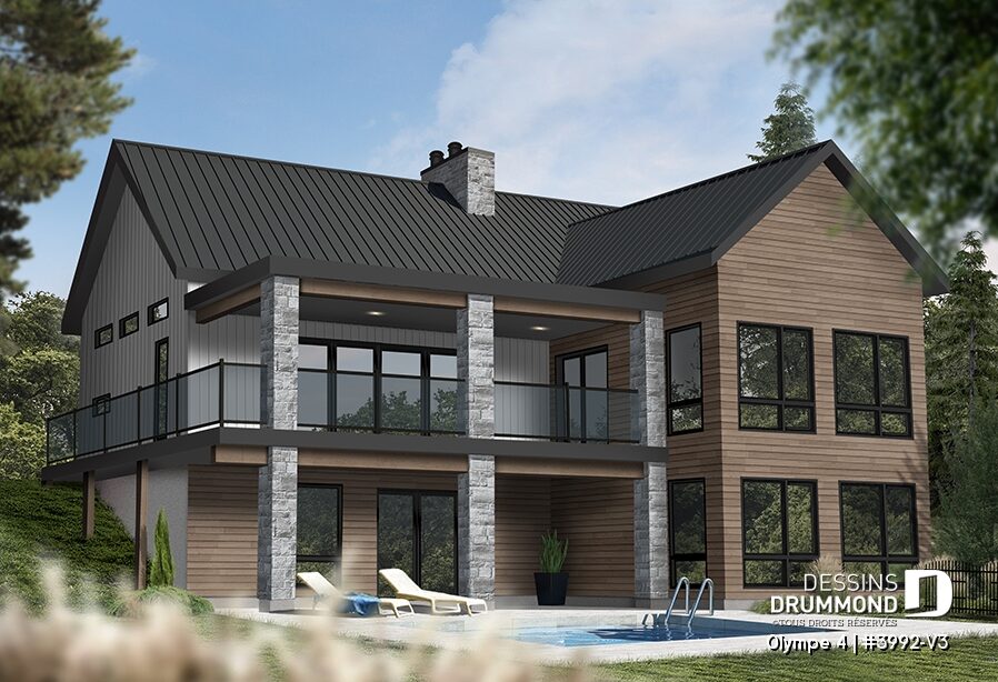 Plan de maison Olympe 4 (#3992-V3) avec rez-de-jardin adapté à un terrain en pente pour construire au Québec