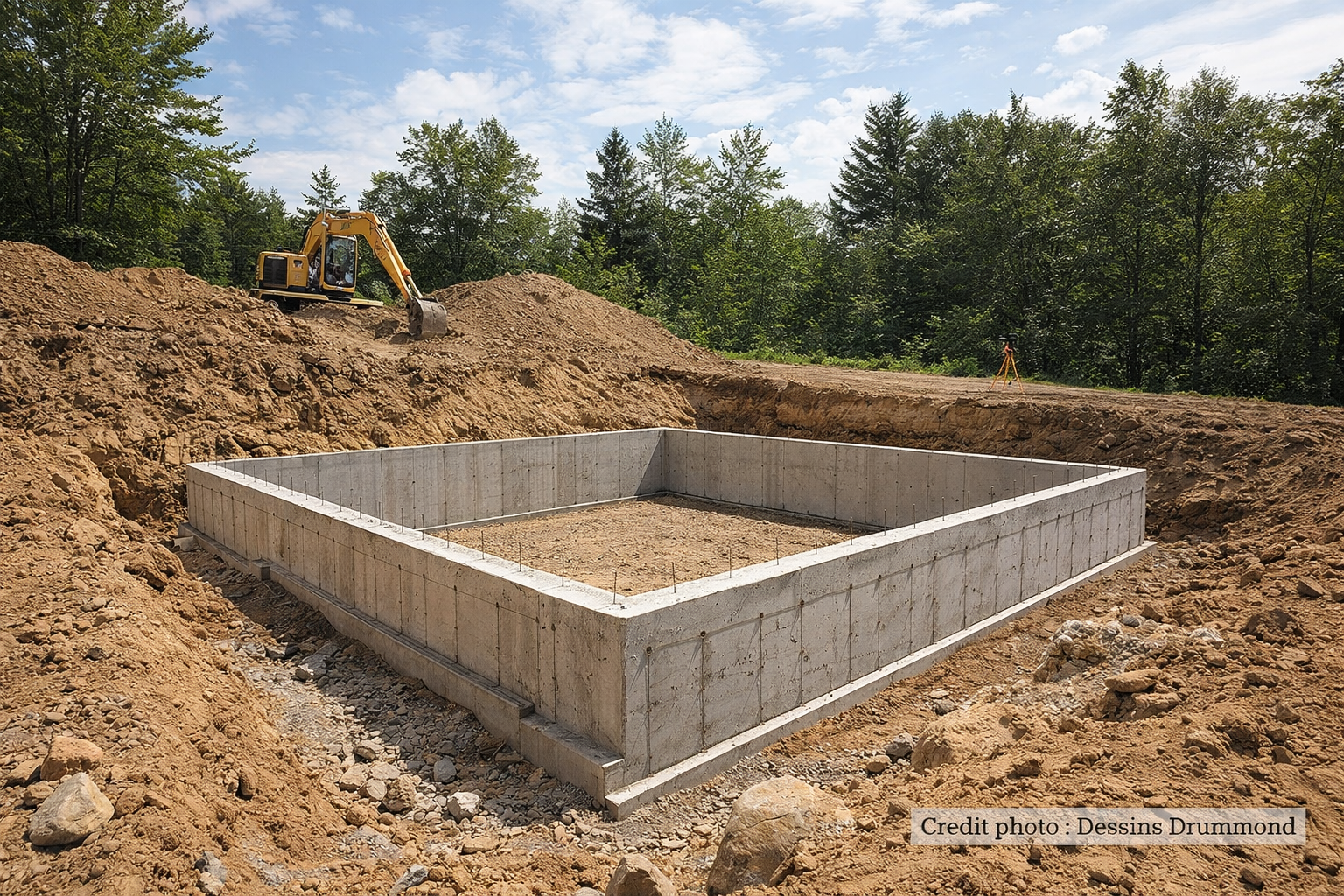 Préparation du terrain pour construction avec excavation et fondation illustrant les conditions du sol avant bâtir une maison