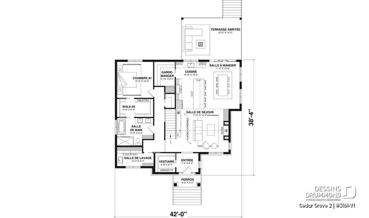Plan du rez-de-chaussée Cedar Grove 2 (#3161-V1) montrant aire ouverte, chambre principale au RDC et terrasse arrière abritée.