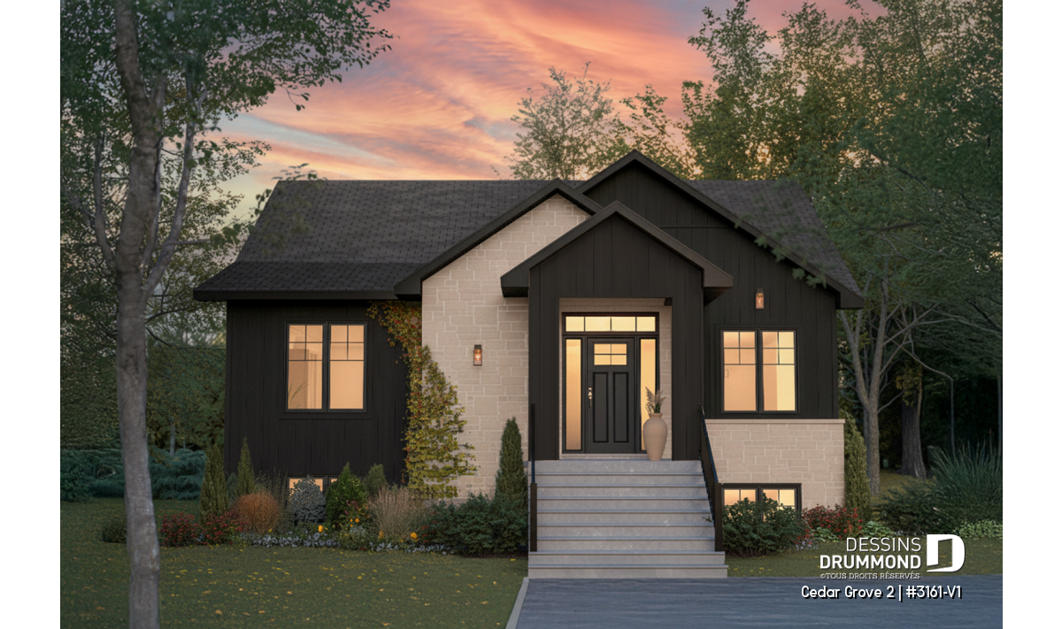 Vue avant du plan de maison Cedar Grove 2 (#3161-V1), façade farmhouse moderne foncée avec entrée centrale, rez-de-jardin et fenestration généreuse.