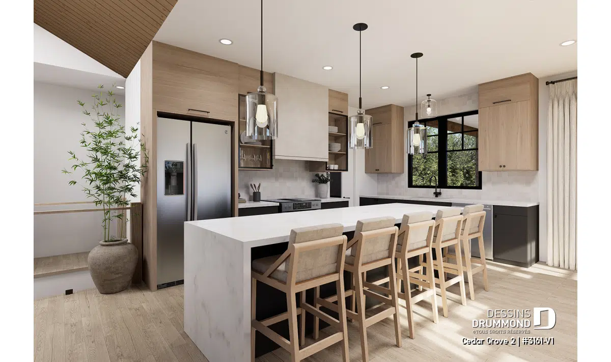 Cuisine du plan de maison Cedar Grove 2 (#3161-V1) avec grand îlot central, armoires bois clair et aire ouverte lumineuse de style farmhouse moderne.