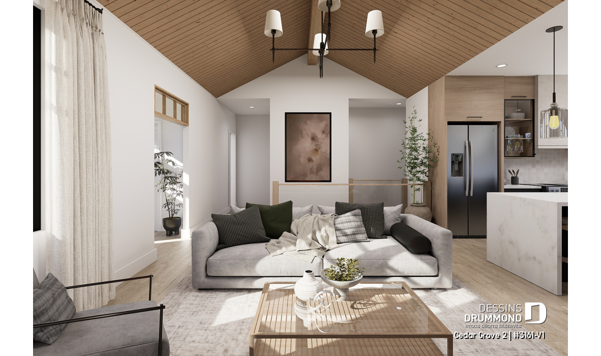 Salon du plan Cedar Grove 2 (#3161-V1) avec plafond cathédral en bois, foyer moderne et aire ouverte lumineuse.